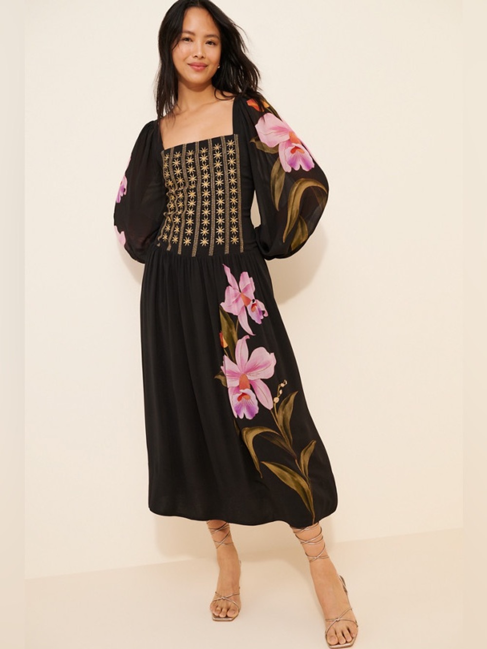 Farm Rio Black Floral Long Sleeve Embroidered Dress